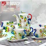 把创意茶具带回家长城瓷艺 孔雀传说21头浮雕功夫茶具